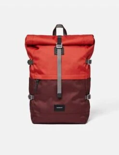 SandqvistBernt Recycled Poly Rolltop Backpack - Moss Red/Black Leather
